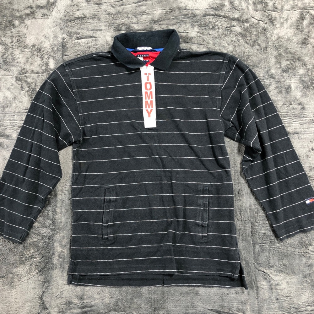 Tommy‎ Hilfiger Polo Shirt Kids Large L Navy Blue Striped Long Sleeve Pocket